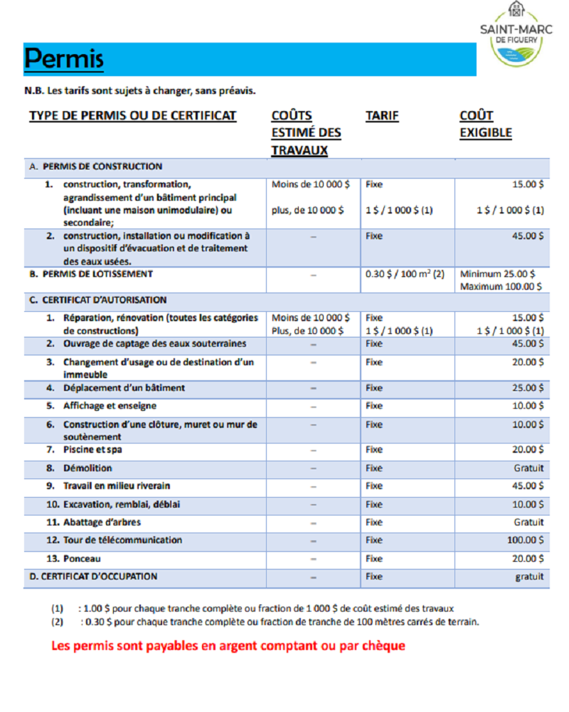 Permis avec coûts